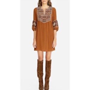 Johnny‎ Was Workshop Molly Jo Paris Embroidered Brown Silk Tunic Dress Large